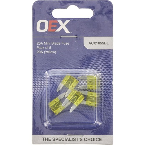 OEX Mini Blade Fuse, 20A Yellow - Pack of 5 - ACX1655BL Car Wiring Adapter
