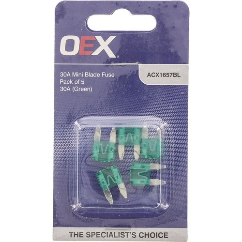 OEX Mini Blade Fuse, 30A Green - Pack of 5 - ACX1657BL Car Wiring Adapter
