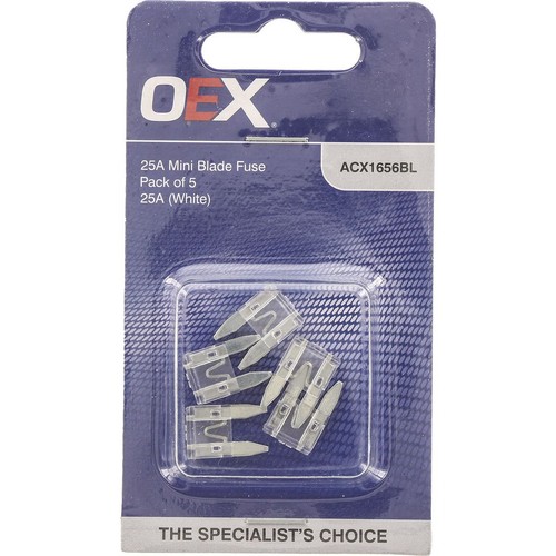 OEX Mini Blade Fuse, 25A White - Pack of 5 - ACX1656BL Car Wiring Adapter