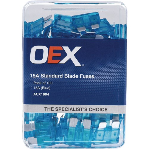 OEX Standard Blade Fuse, 15A Blue - Pack of 100 - ACX1604 Car Wiring Adapter