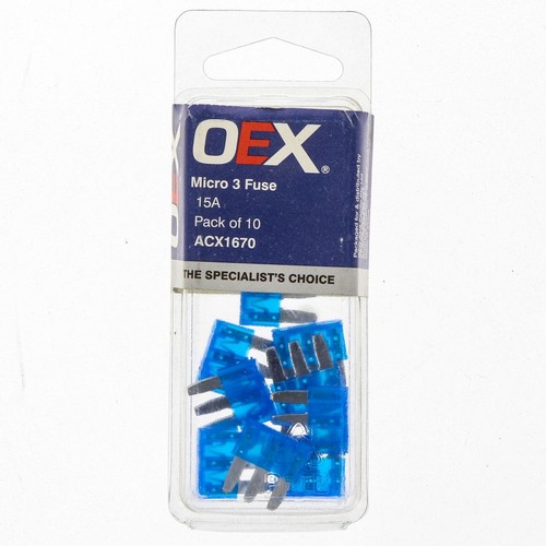 OEX Micro 3 Blade Fuse, 15A Blue - Pack of 10 - ACX1670 Car Wiring Adapter
