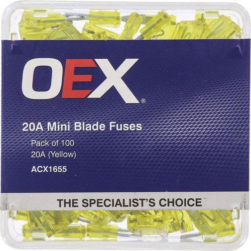 OEX Mini Blade Fuse, 20A Yellow - Pack of 100 - ACX1655 Car Wiring Adapter