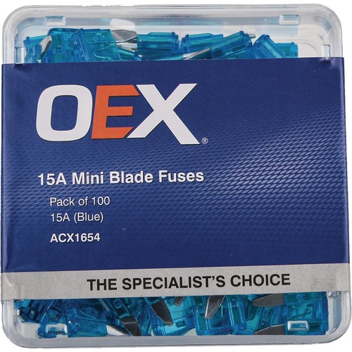 OEX Mini Blade Fuse, 15A Blue - Pack of 100 - ACX1654 Car Wiring Adapter