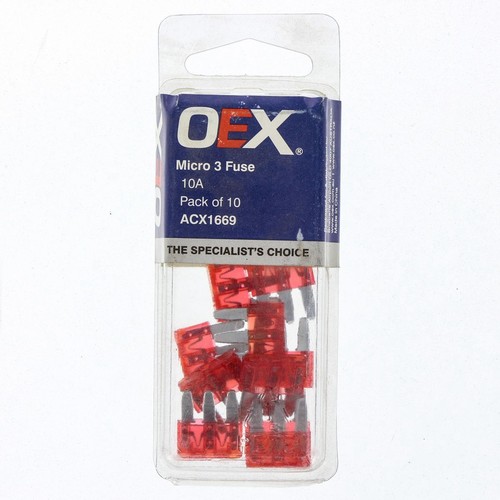 OEX Micro 3 Blade Fuse, 10A Red - Pack of 10 - ACX1669 Car Wiring Adapter