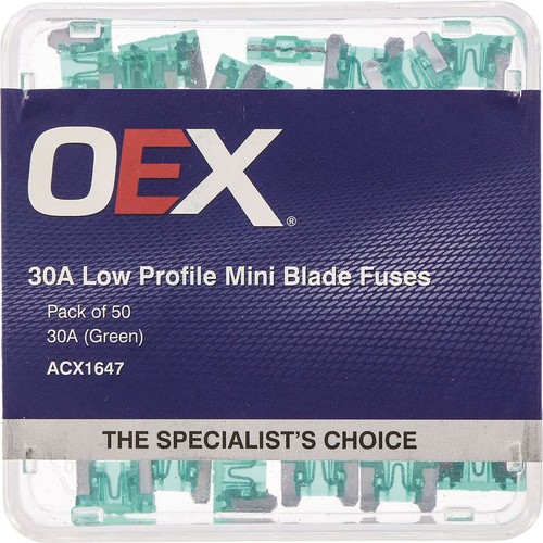 OEX Low Profile Mini Blade Fuse, 30A Green - Pack of 50 - ACX1647 Car Wiring