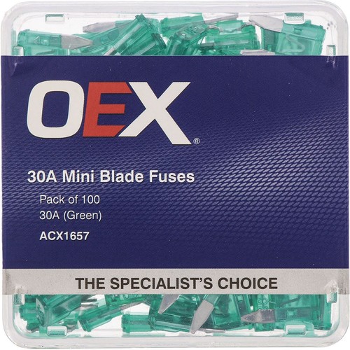 OEX Mini Blade Fuse, 30A Green - Pack of 100 - ACX1657 Car Wiring Adapter