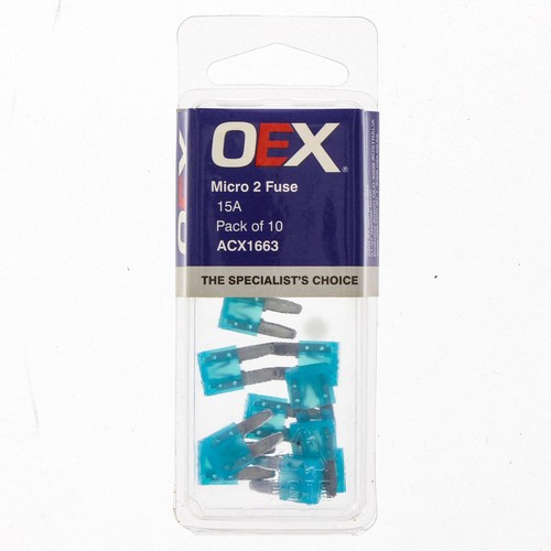 OEX Micro 2 Blade Fuse, 15A Blue - Pack of 10 - ACX1663 Car Wiring Adapter