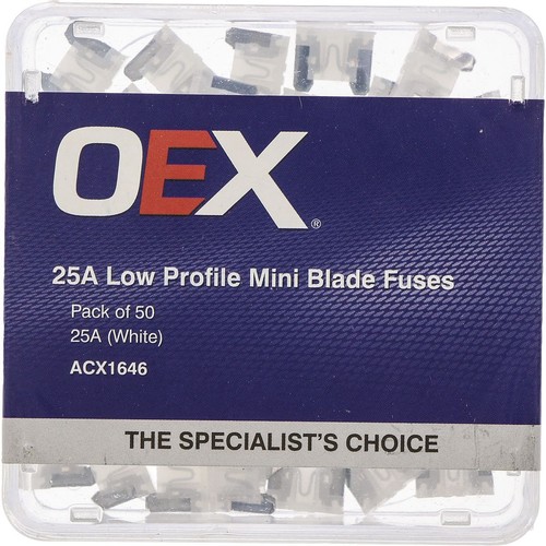 OEX Low Profile Mini Blade Fuse, 25A White - Pack of 50 - ACX1646 Car Wiring