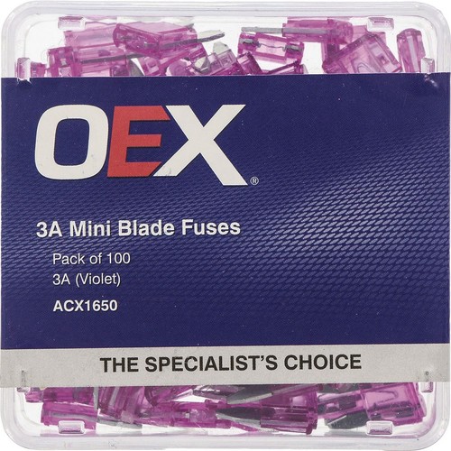 OEX Mini Blade Fuse, 3A Violet - Pack of 100 - ACX1650 Car Wiring Adapter
