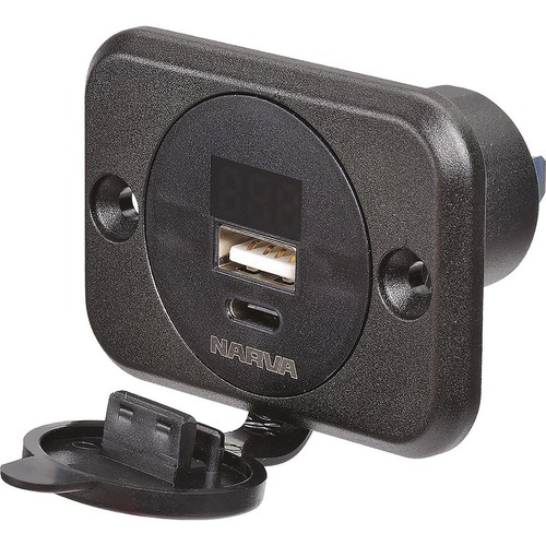 Narva USB/USB-C Socket w/LED Volt/ Amp Meter - 81106BL Car Charger Workshop Tool