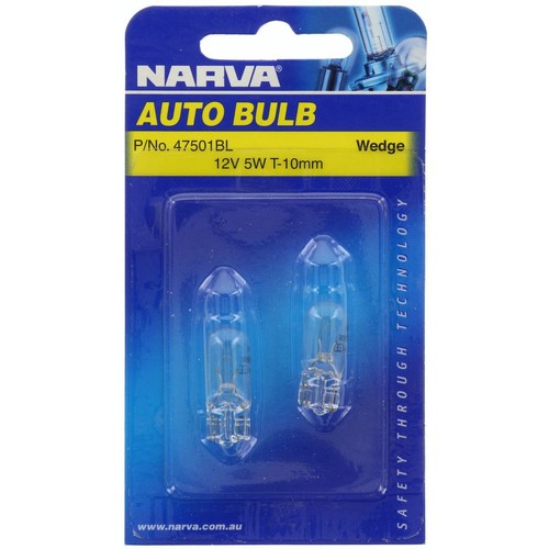Narva T-10mm W5W Wedge Globe W2.1 X 9.5D 12V 5W Blister Pack (2) - 47501BL Auto