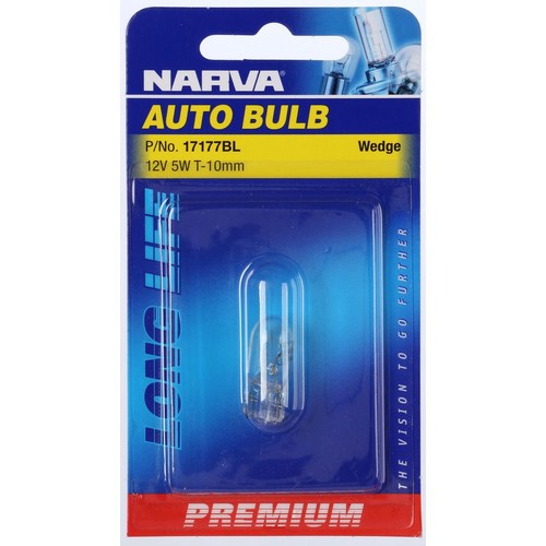 Narva T-10mm W5W Premium Wedge Globe W2.1 X 9.5D 12V 5W Single Blister Pack - 17