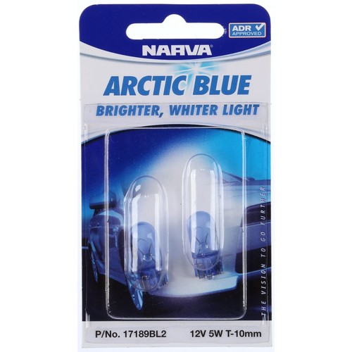 Narva W5W Wedge W2.1x9.5d Premium Artic Blue Globe 12V 5W - 2 Pce - 17189BL2