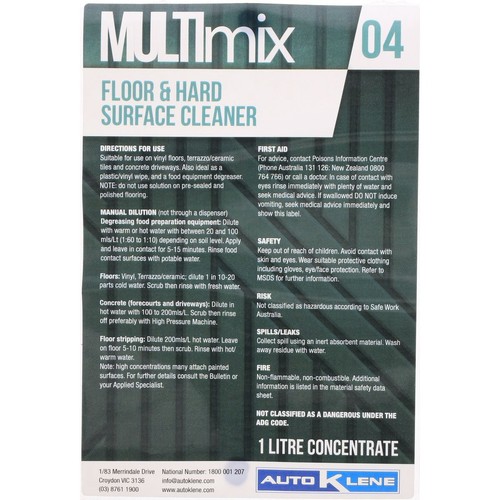 Auto Klene Multimix 4 Concentrate Label 1L - MM4LABELCONC Part