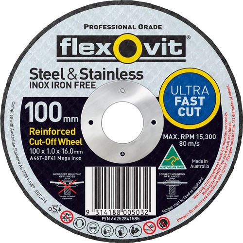 Flexovit Reinforced Cut Off Wheel Stainless Steel 100 x 1.0 x 16mm - 66252841585