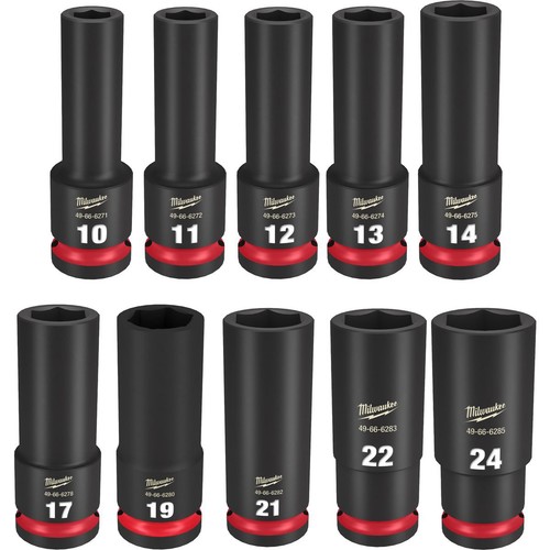 Milwaukee SHOCKWAVE 1/2in Drive 10PC Metric Deep 6 Point Impact Socket Set - 496