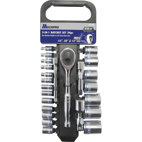 Mechpro 24 Piece Metric 1/4, 3/8 & 1/2 inch 3 In 1 Socket Set - MPBSK106K DIY