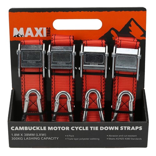 MaxiTrac Cambuckle Motorcycle Tie Down Straps 1.8m x 38mm, 300kg - 4 pieces Auto
