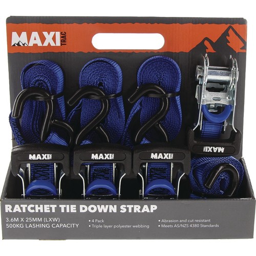 MaxiTrac Ratchet Tie Down Straps 3.6m x 25mm, 500Kg - 4 pieces Auto Part