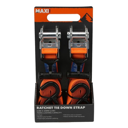 MaxiTrac Ratchet Tie Down Straps Rubber Grip 4.8m x 32mm, 750Kg - 2 pieces Auto
