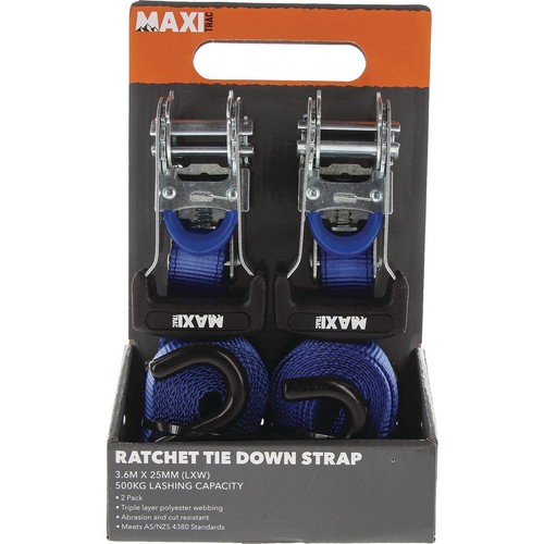 MaxiTrac Ratchet Tie Down Straps 3.6m x 25mm, 500kg - 2 pieces Auto Part