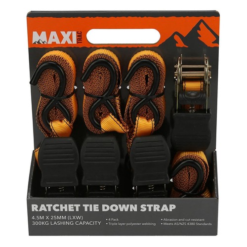 MaxiTrac Ratchet Tie Down Straps 4.5m x 25mm, 300Kg - 4 pieces Auto Part