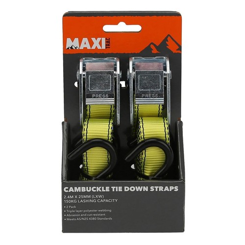 MaxiTrac Cambuckle Tie Down Straps 2.4m x 25mm, 150kg - 2 pieces Auto Part