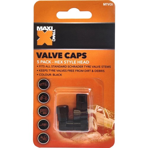 MaxiTrac Hexagon Black Valve Caps - 5 pieces Plumbing