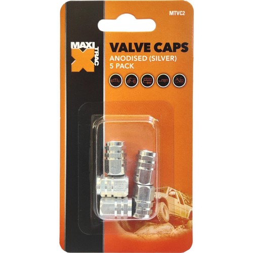 MaxiTrac Anodised Hex Silver Valve Caps - 5 pieces Plumbing Auto
