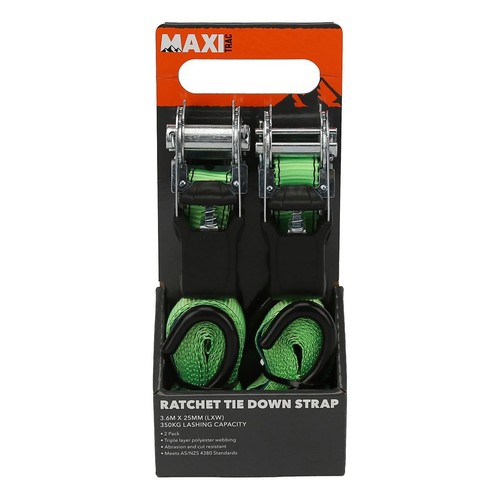 MaxiTrac Ratchet Tie Down Straps 3.6m x 25mm, 350kg - 2 pieces Auto Part