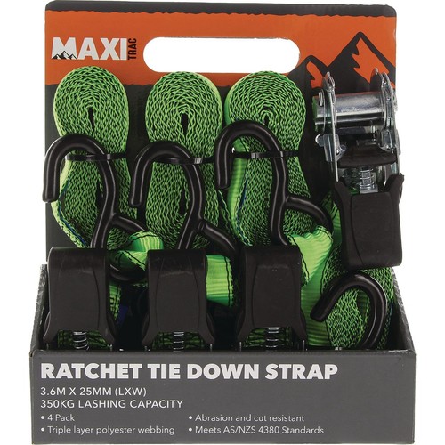 MaxiTrac Ratchet Tie Down Straps 3.6m x 25mm, 350kg - 4 pieces Auto Part