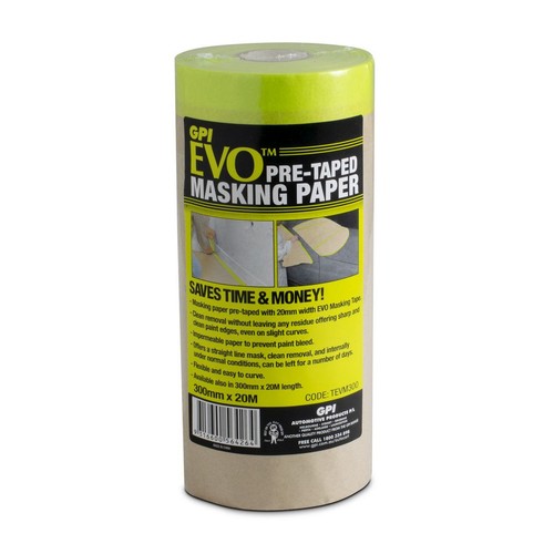 GPI 300mm x 20m masking paper pre-taped with EVO masking tape - TEVM300 Plumbing