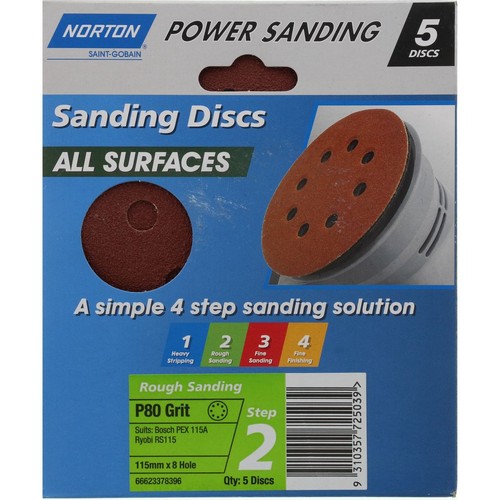 Flexovit All Surface Orbital Sanding Disc 8 Hole 80G 5pk 115mm - 66623378396