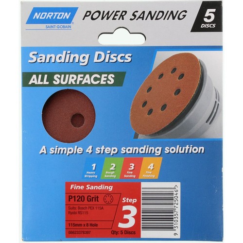 Flexovit All Surface Orbital Sanding Disc 8 Hole 120G 5pk 115mm - 66623378397