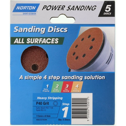 Flexovit All Surface Orbital Sanding Disc 8 Hole 40G 5pk 115mm - 66623378394