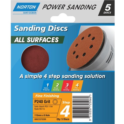 Norton All Surface Orbital Sanding Disc 8 Hole 240G 115mm - 66623378399 Auto