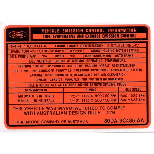 RSP Decal 'Vehicle Emission…' Falcon XD 4.9 & 5.8 V8 - ED2000G 4WD Brake Parts
