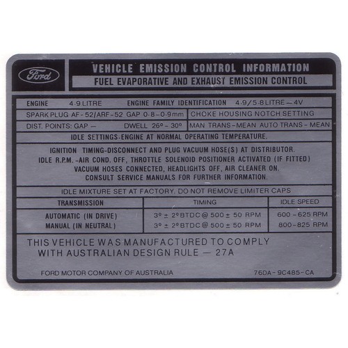 RSP Decal 'Vehicle Emission…' Falcon XC 4.9 V8 Electronic Distrib. - ED2011 4WD