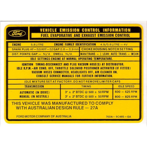 RSP Decal 'Vehicle Emission…' Falcon XC 5.8 V8 - ED2000F 4WD Brake Parts