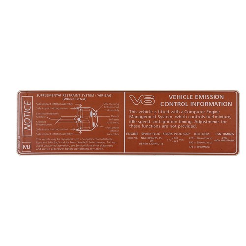 RSP Decal Vehicle Emission/SRS Notice Commodore VT V6 Series 2 VX V6 - 92095168