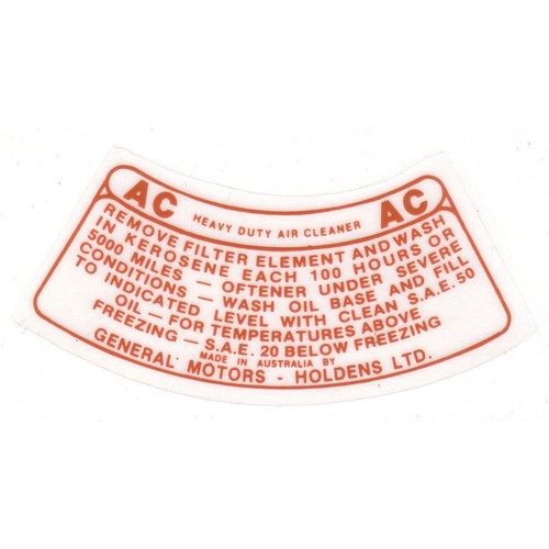 RSP Decal Air Cleaner Holden FE Early FC - DAC3 Auto Part