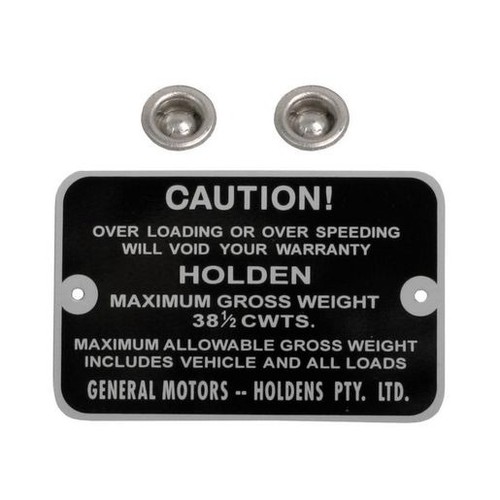 RSP Gross Weight Tag 38 1/2 cwts Holden HK HT HG Ute - GWT1008 Auto