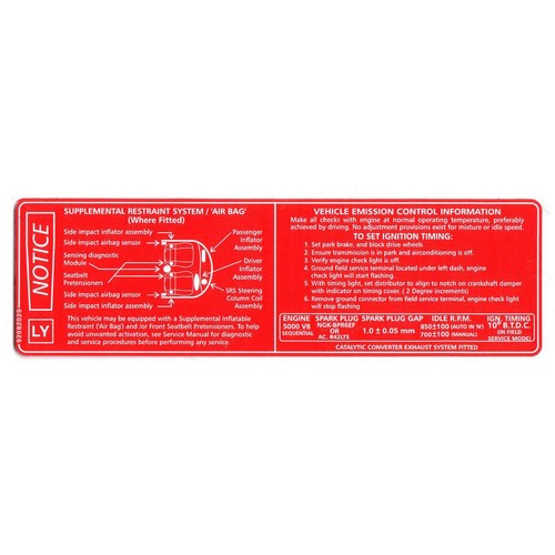 RSP Decal Vehicle Emission/SRS Notice Commodore VT Series 1 V8 5.0L - 92082029
