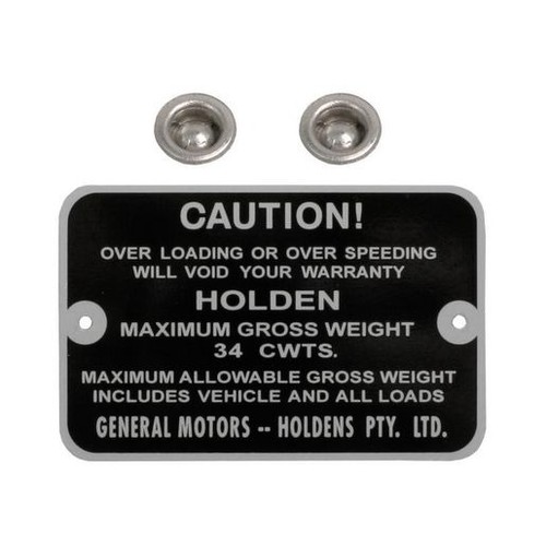 RSP Gross Weight Tag 34 cwts Holden HD HR Panel Van - GWT1007 Auto