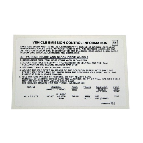 RSP Decal Vehicle Emissions Holden HZ Commodore VB Torana LX 5.0 Litre - BD1046