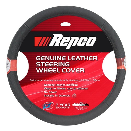 Repco Steering Wheel Cover Genuine Leather, Black Car Interior Auto Part