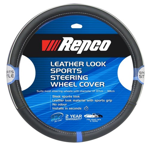 Repco Steering Wheel Cover Leather Look Sports, Black/Blue Car Interior