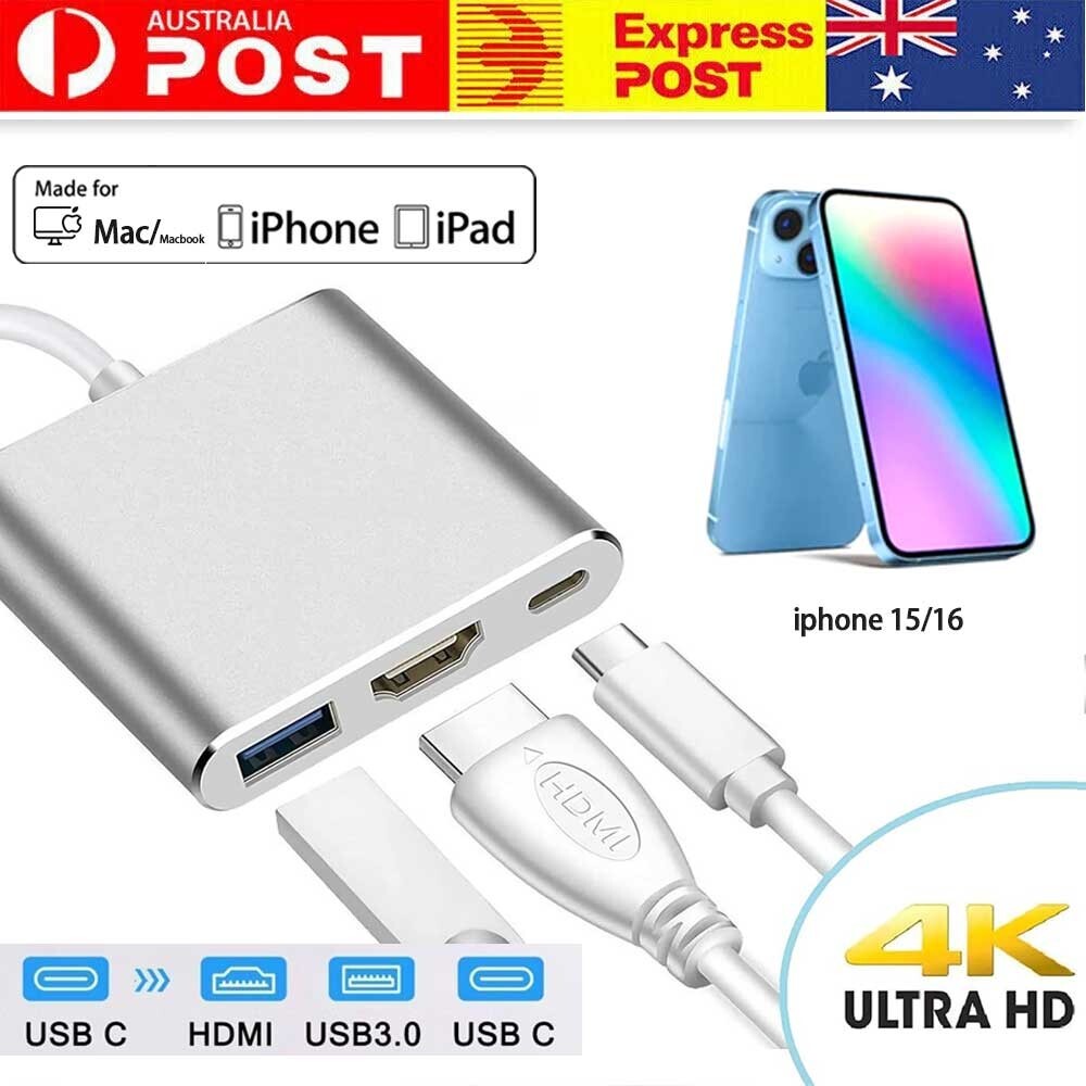 USB-C 3-in-1 Multiport Hub Adapter for iPhone 15/16 MacBook Mac iPod 4K HDMI USB