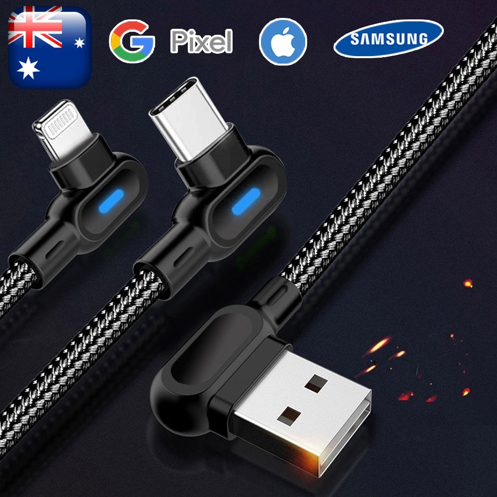 Black Nylon-Braided 1m 90 Degree Angle Fast USB-C Charging Data Sync Cable IOS