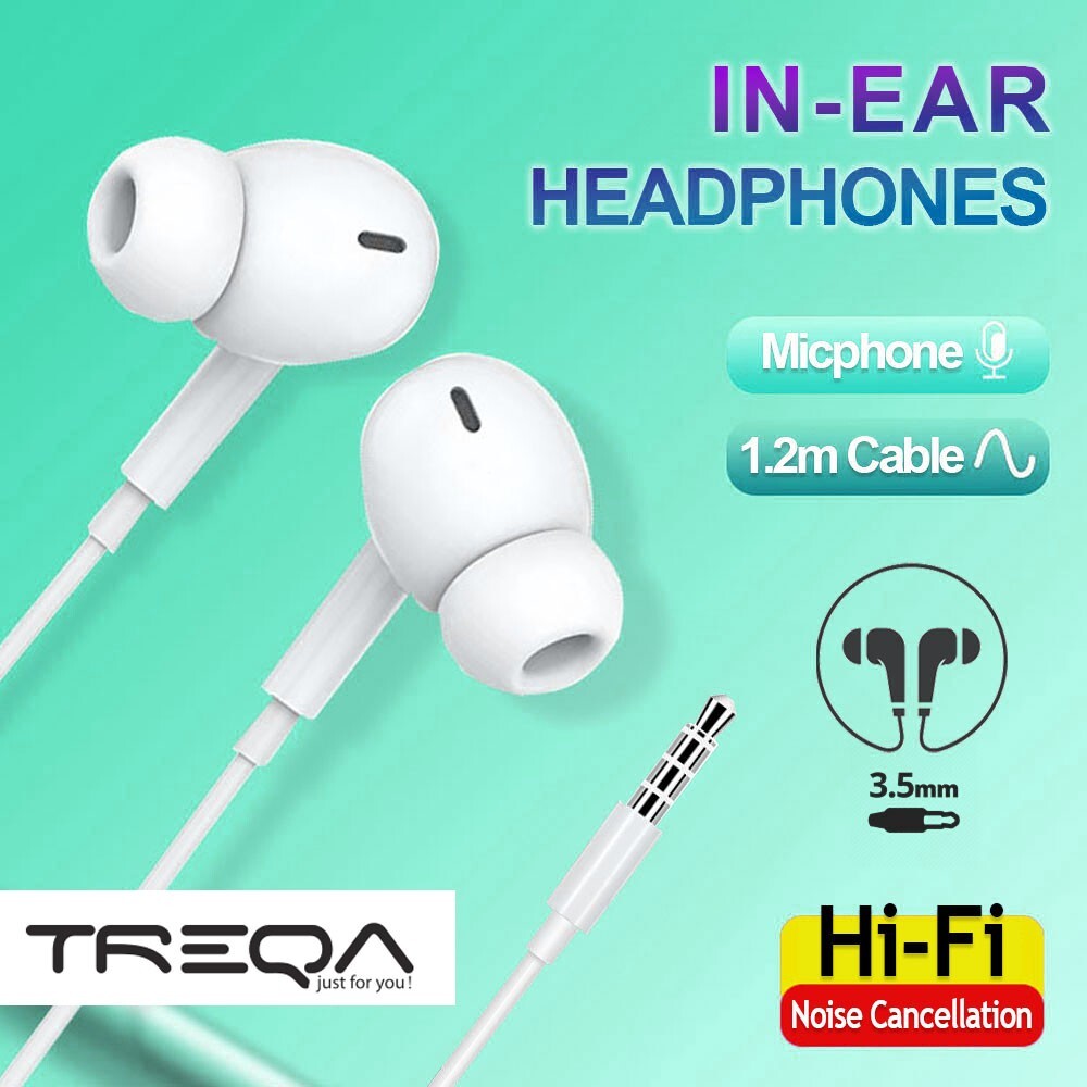 TREQA 3.5mm Audio Jack Wired Earphones Mic Volume Control White Over Ear HD Bass